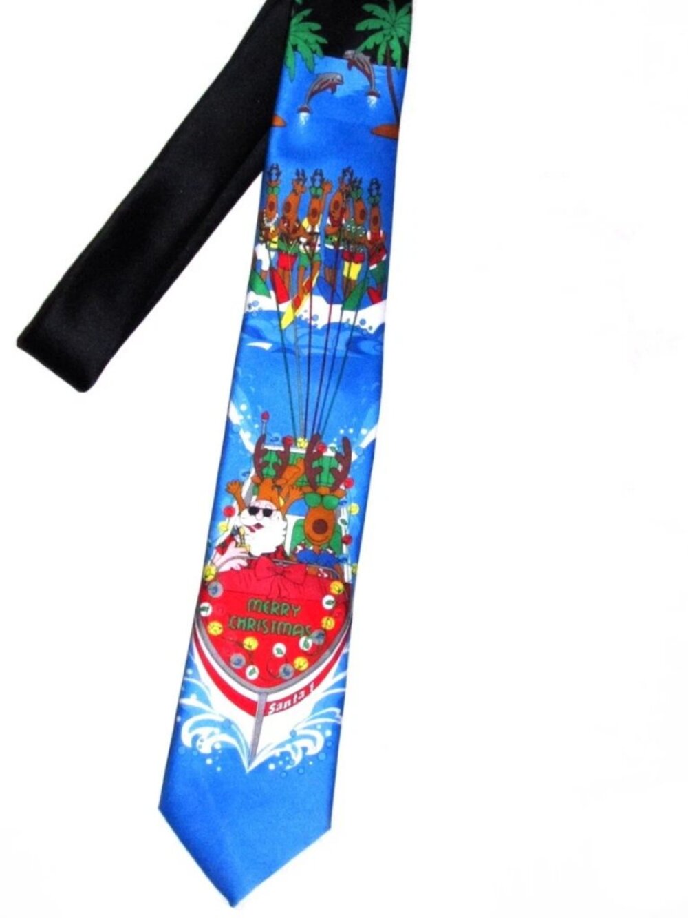 Hallmark Christmas Men's Tie Blue Speedboat Santa Skiing Reindeer Holiday